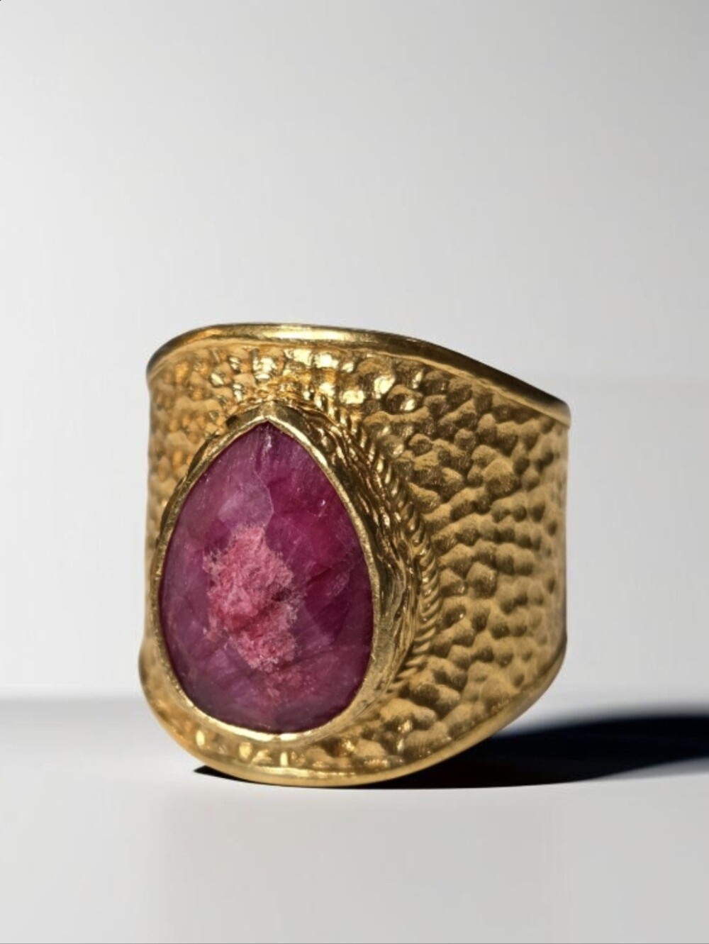 18k Hammered Gold Genuine Raw Ruby Byzantine Wide Band Artisan Ring